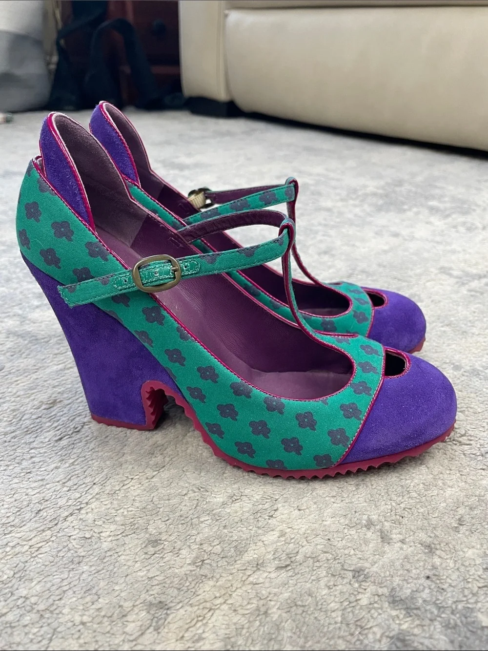 Vintage Marc Jacobs Purple Teal T-Strap Wedge Heels Retro Flower Sz 35.5